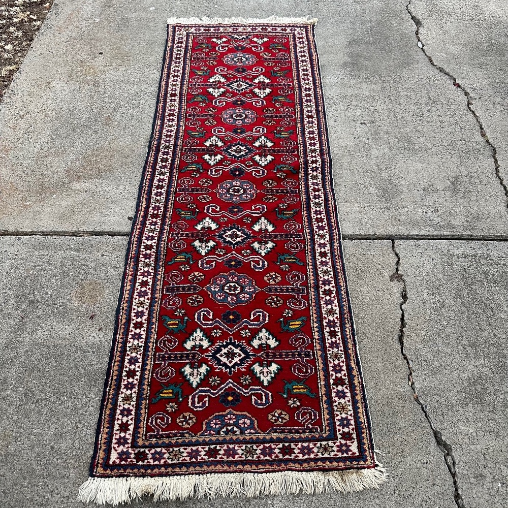 Vintage Perisan Kurdish Runner Rug -86"x28" MultiColor Red Blue White Camel Wool